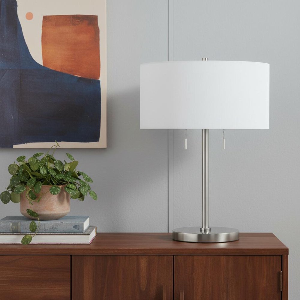 24" Nickel Metal Two Light Table Lamp With White Empire Shade