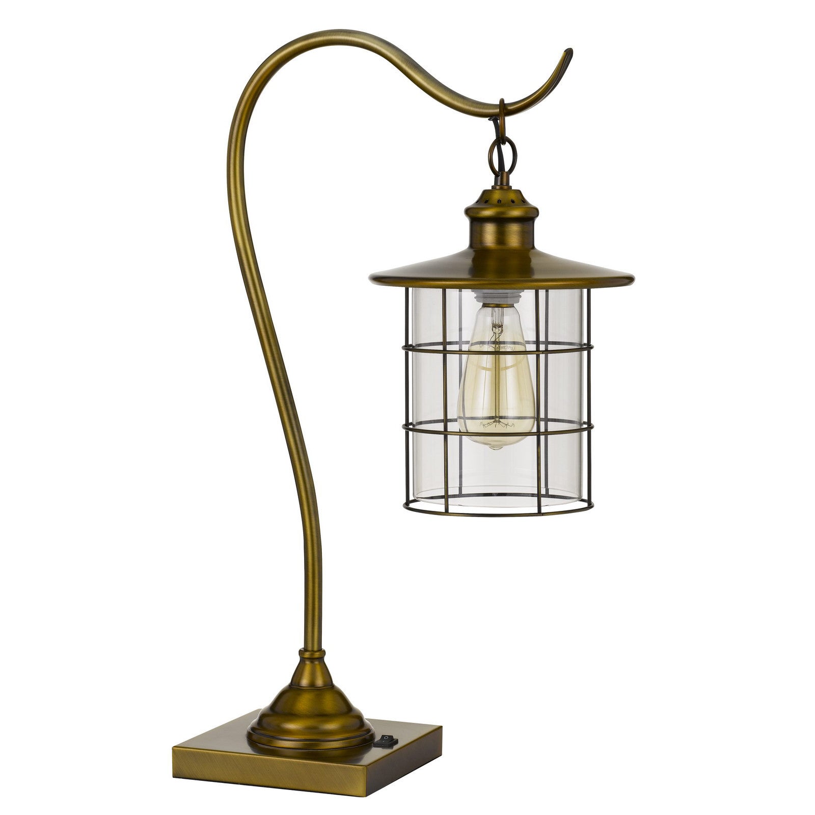 25" Antiqued Brass Metal Lantern Desk Lamp With Antiqued Brass Drum Shade