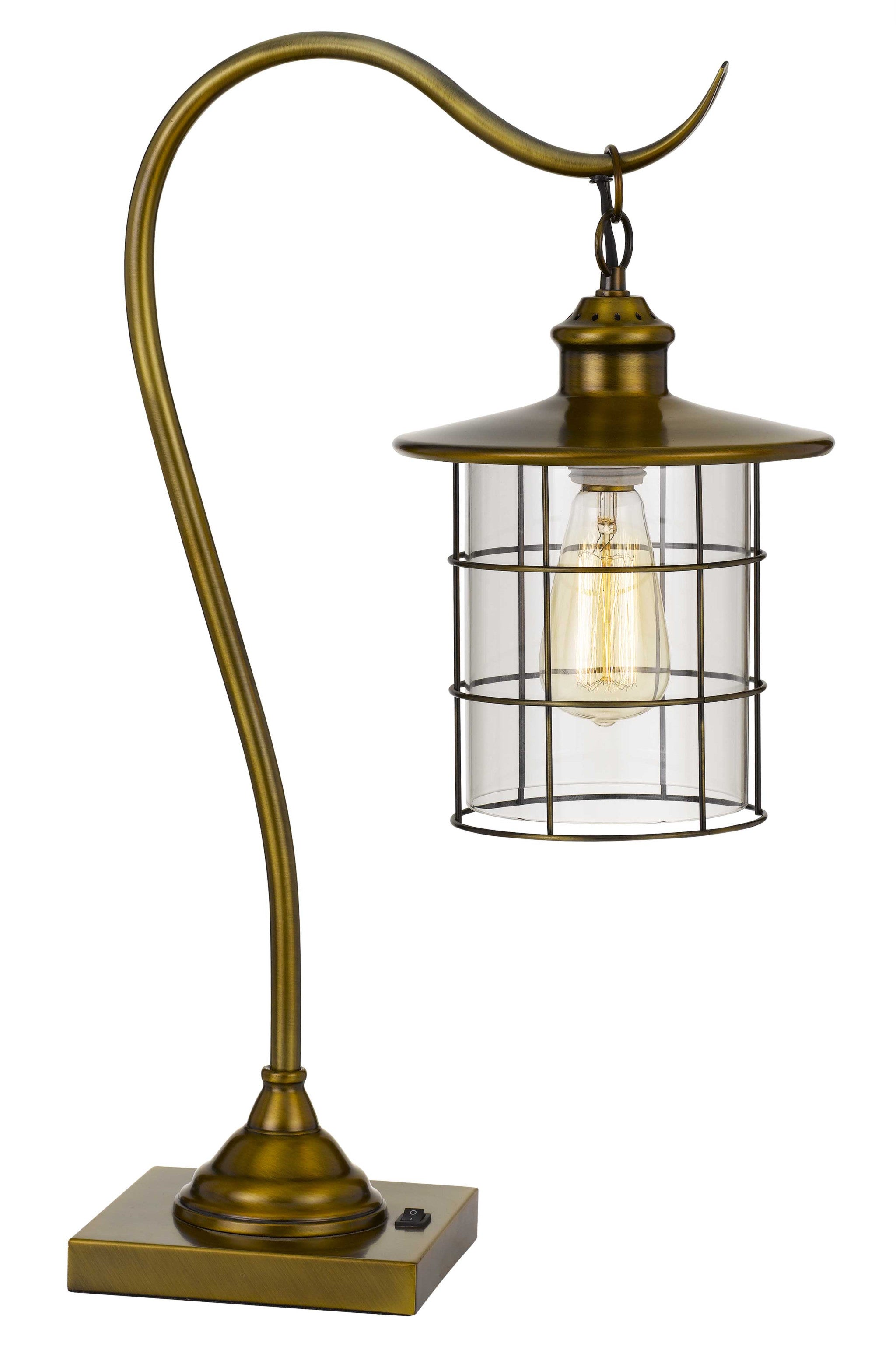 25" Antiqued Brass Metal Lantern Desk Table Lamp With Antiqued Brass Drum Shade