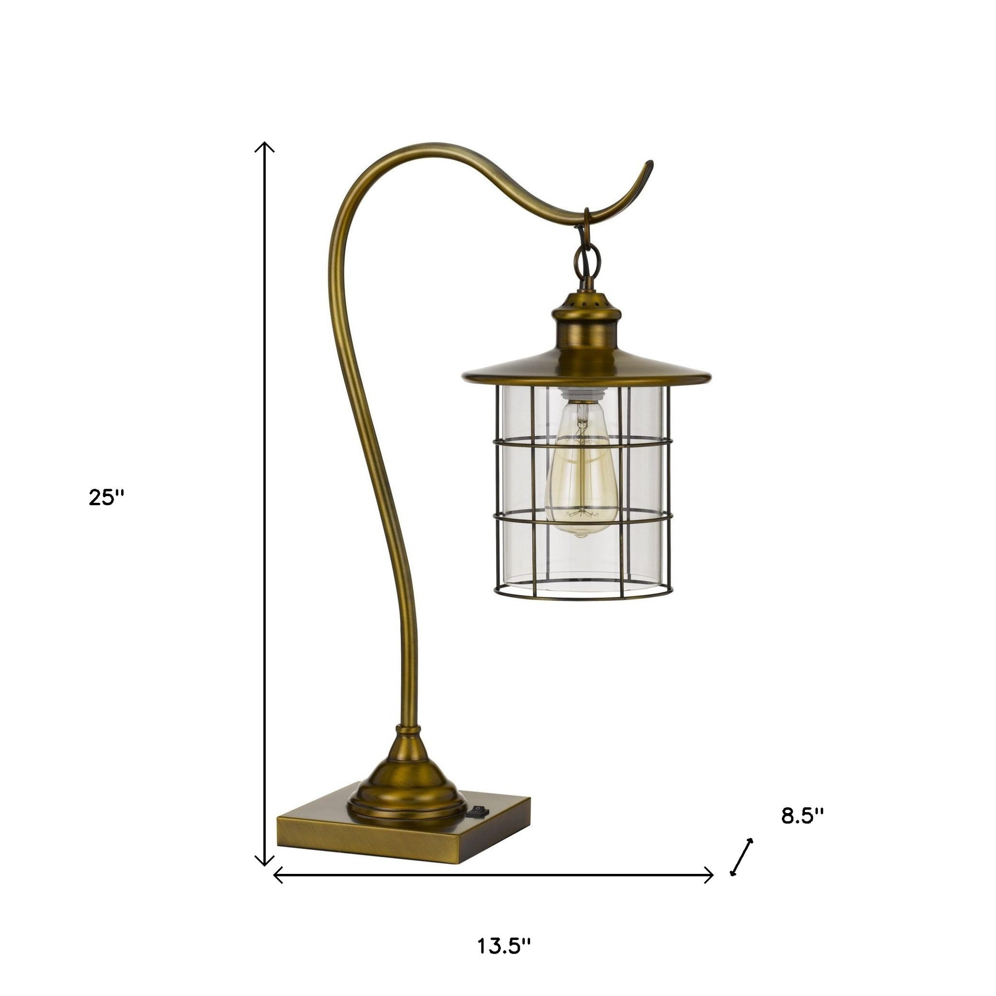 25" Antiqued Brass Metal Lantern Desk Lamp With Antiqued Brass Drum Shade