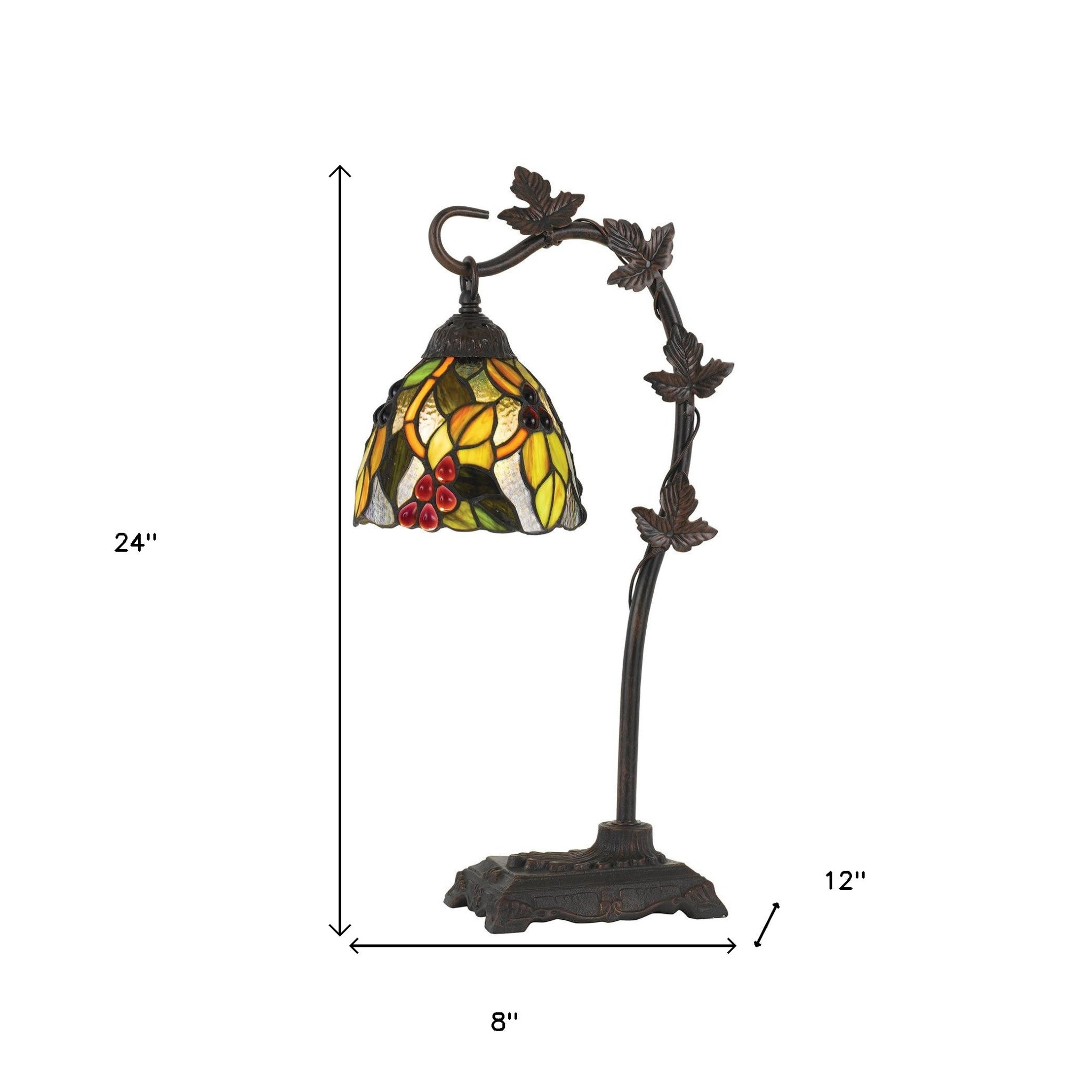 24" Bronze Metal Tiffany Style Table Lamp With Hanging Stained Glass Shade