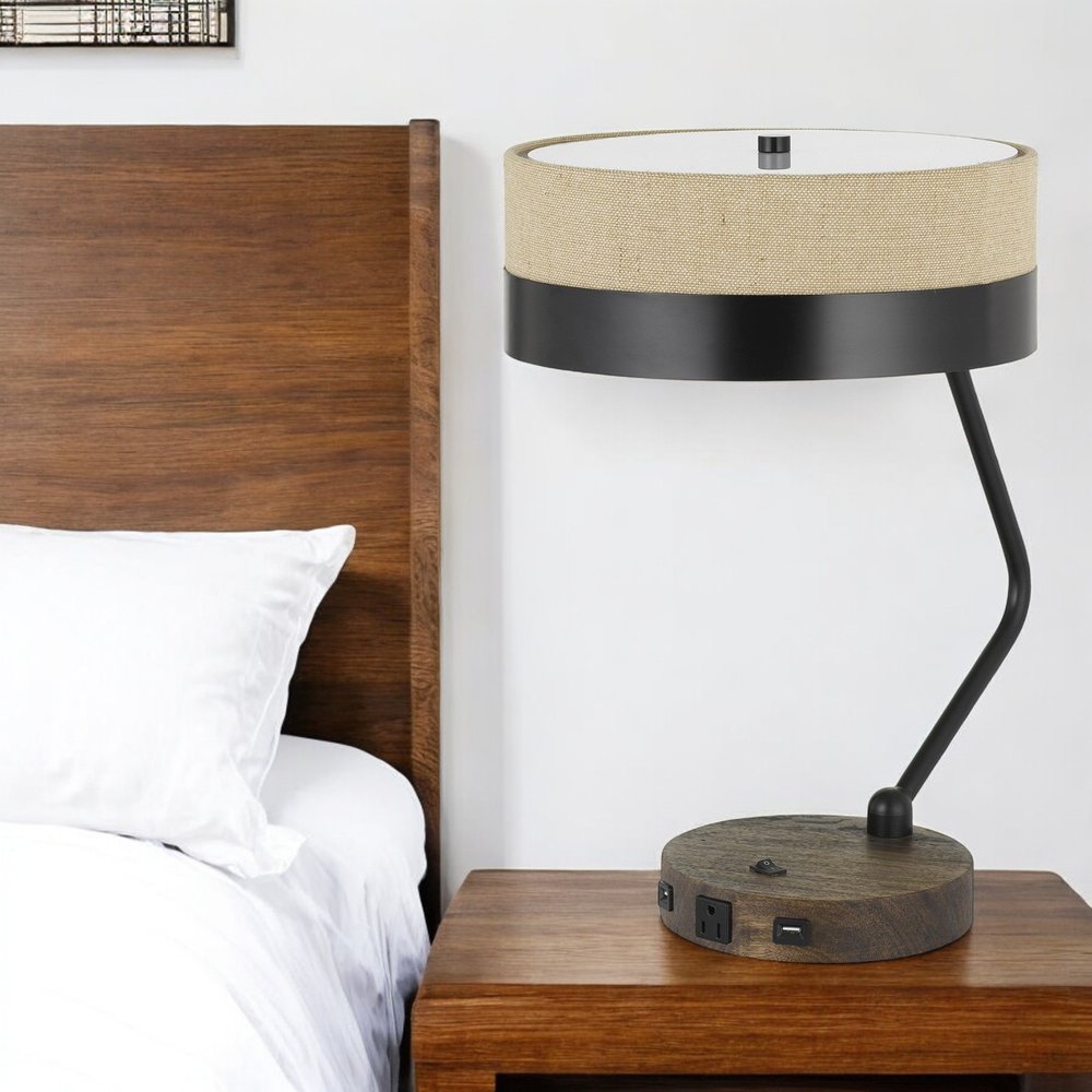 20" Black And Brown Wood And Metal Two Light USB Table Lamp With Beige And Black Shade
