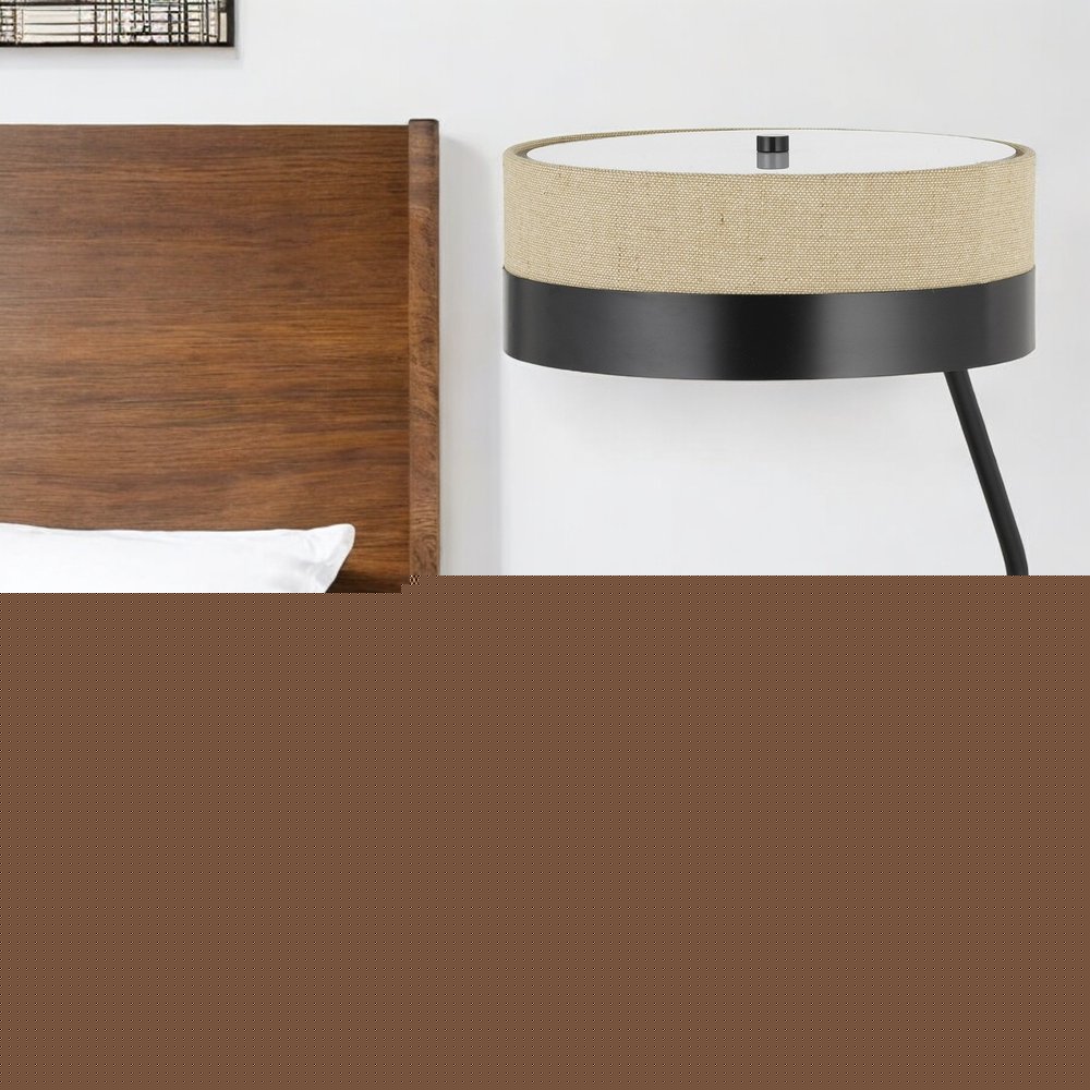 20" Black And Brown Wood And Metal Two Light USB Table Lamp With Beige And Black Shade