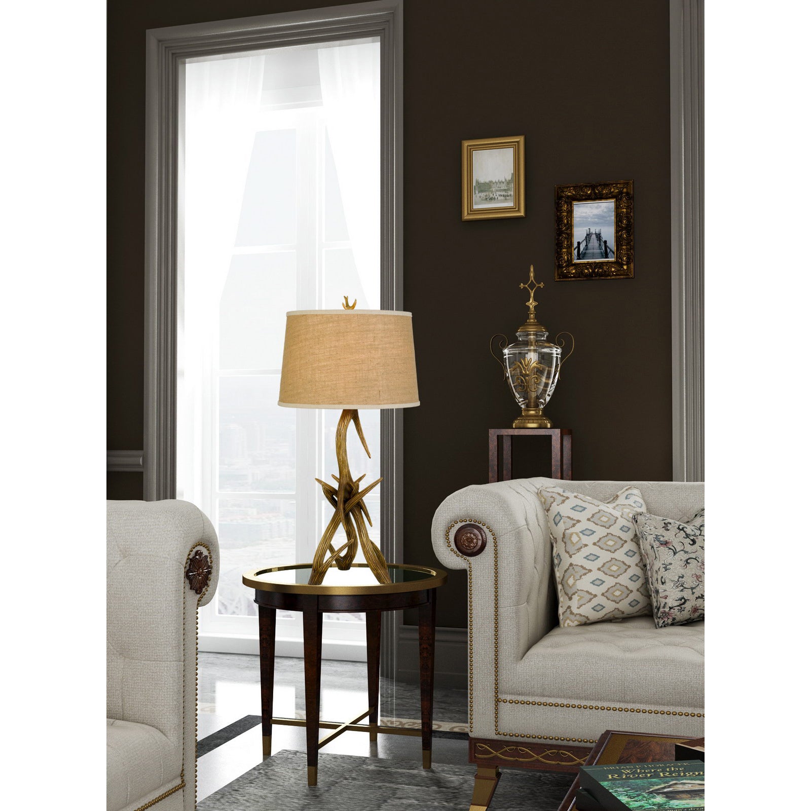 33" Brown Antlers Table Lamp With Brown Empire Shade