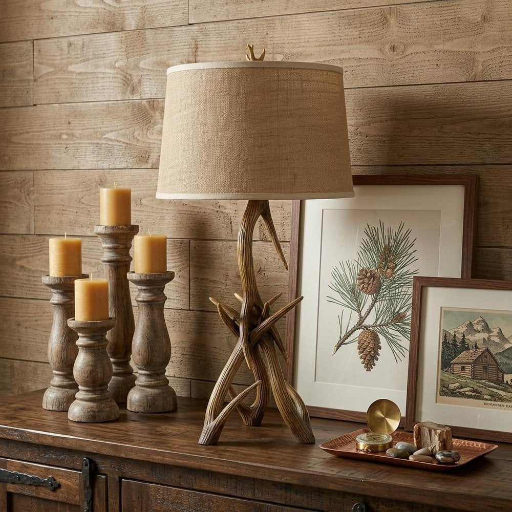 33" Brown Antlers Table Lamp With Brown Empire Shade