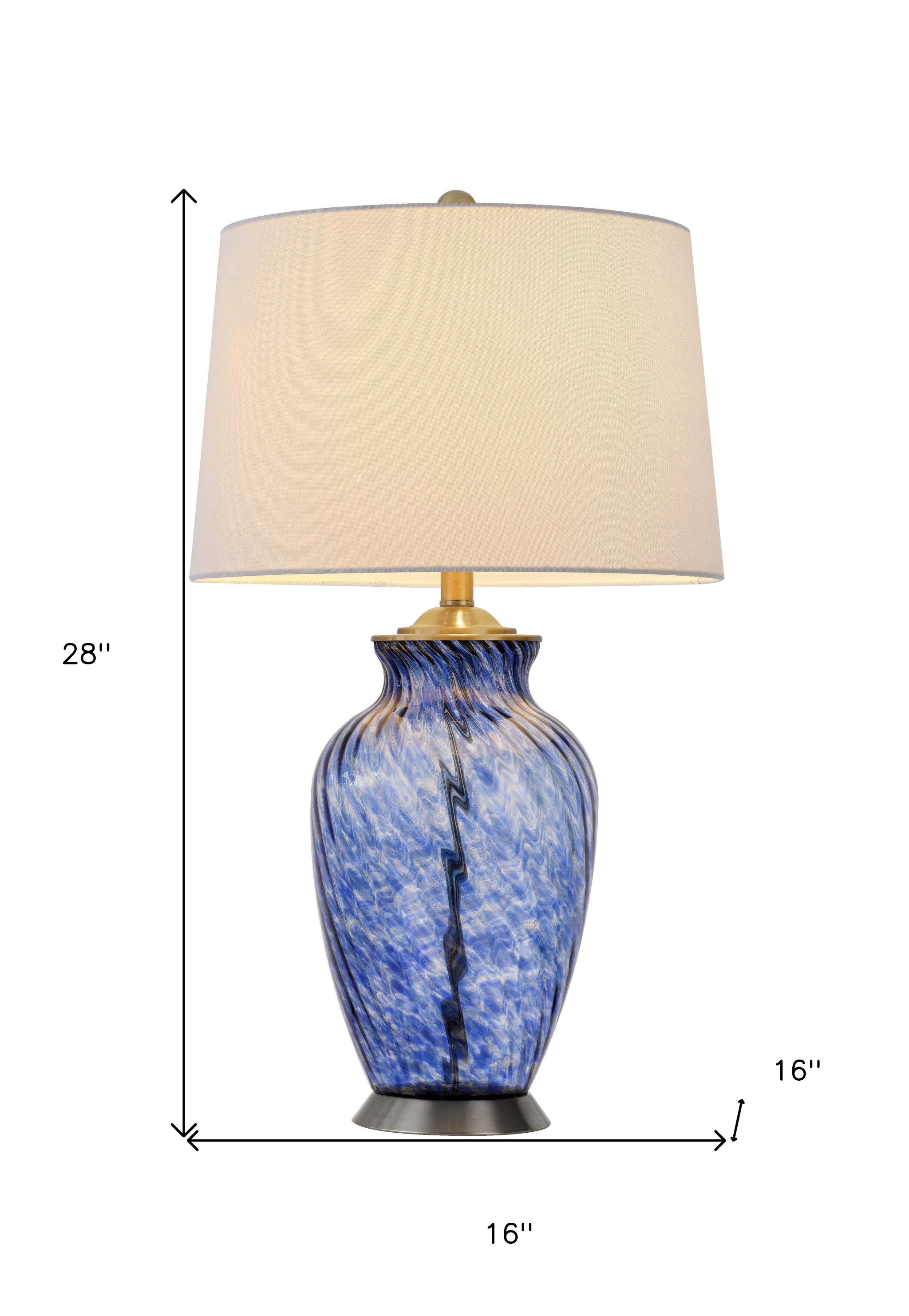 28" Blue Swirl Glass Table Lamp With White Empire Shade