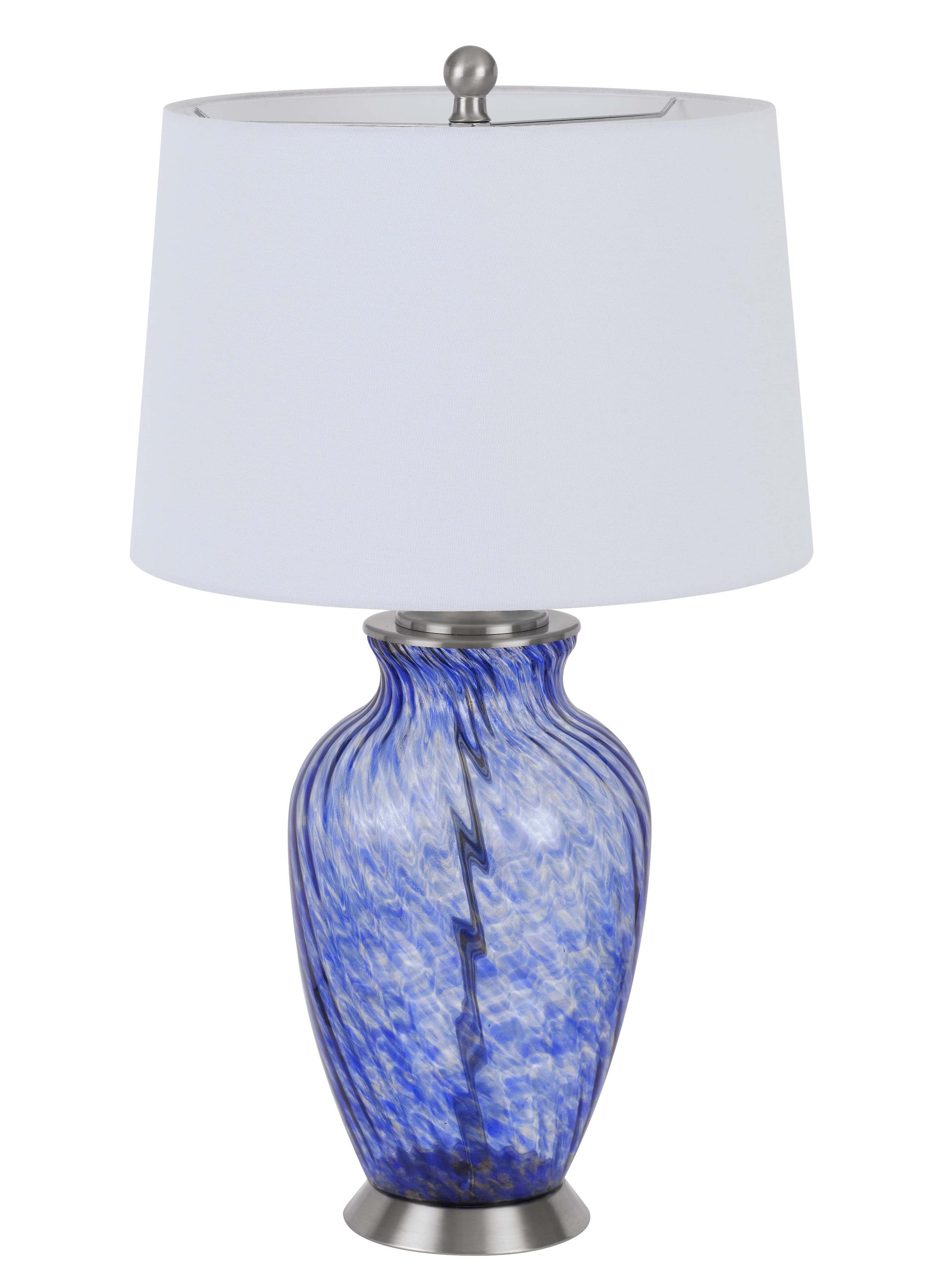 28" Blue Swirl Glass Table Lamp With White Empire Shade