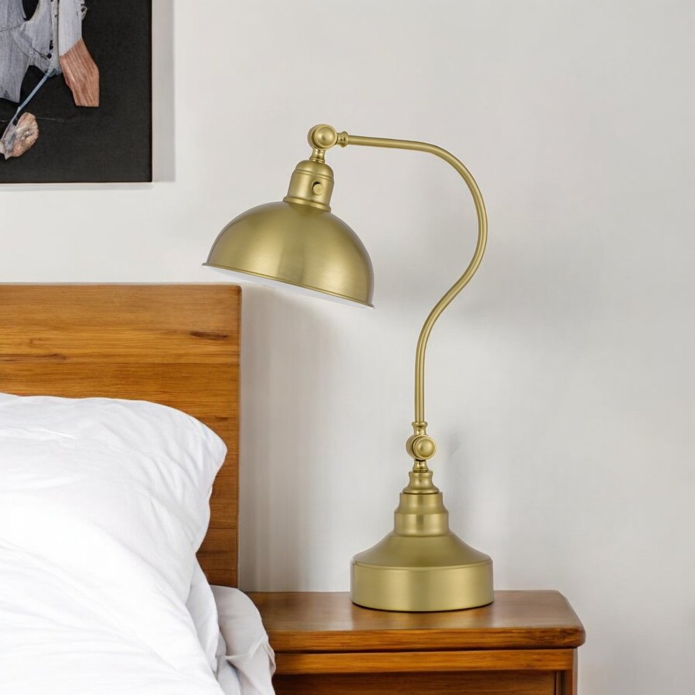 25" Antiqued Brass Metal Lantern Desk Lamp With Antiqued Brass Dome Shade