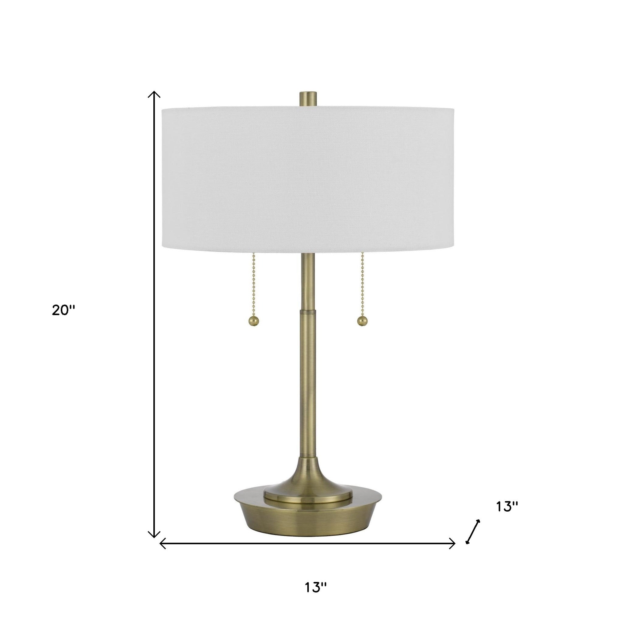 20" Antiqued Brass Metal Two Light Table Lamp With White Drum Shade