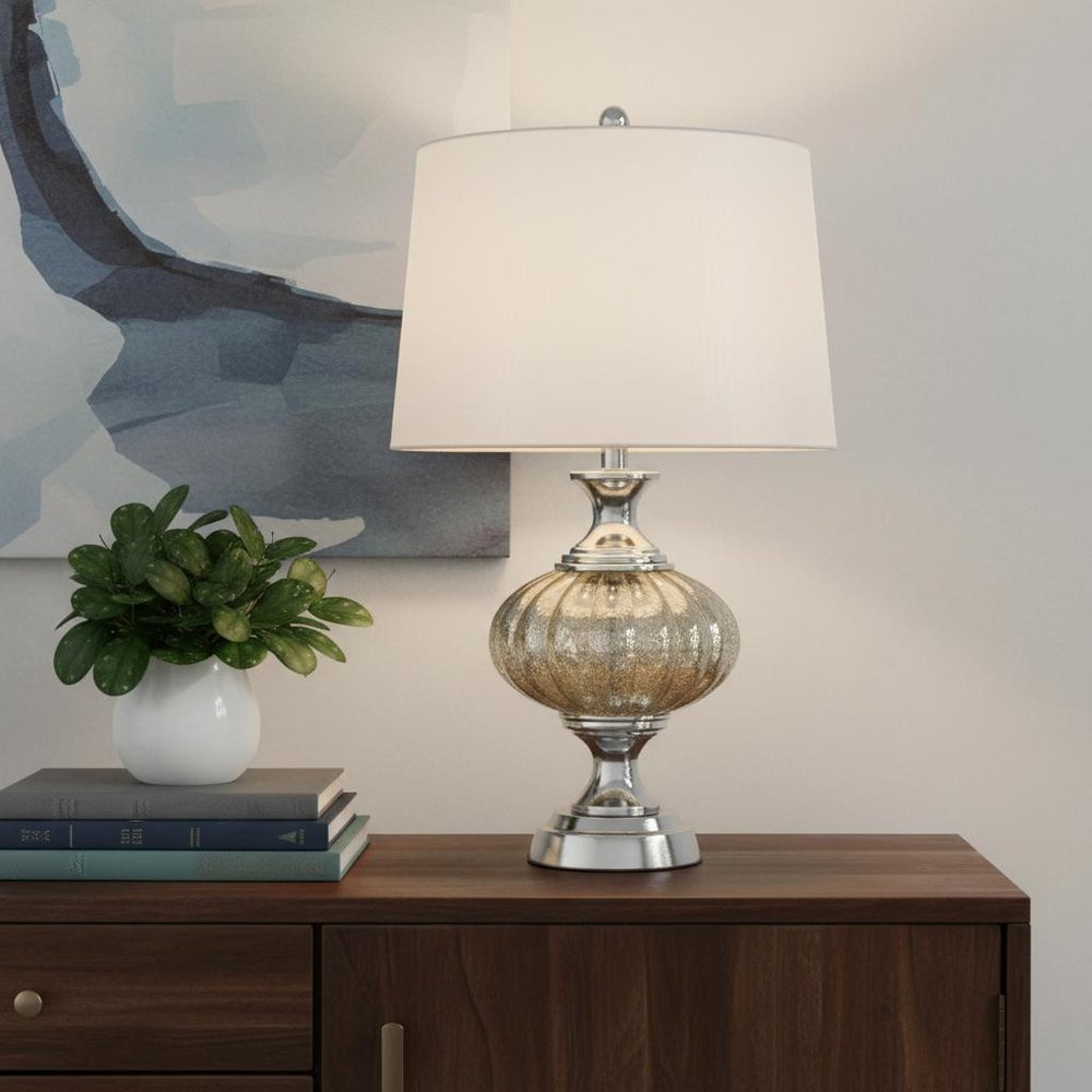 27" Silver Metallic Metal Table Lamp With White Empire Shade