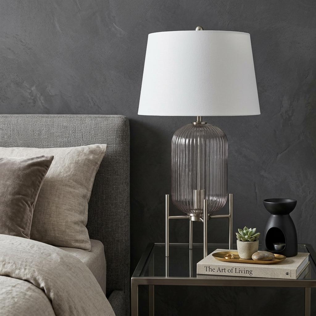 33" Nickel Glass Round Table Lamp With White Empire Shade