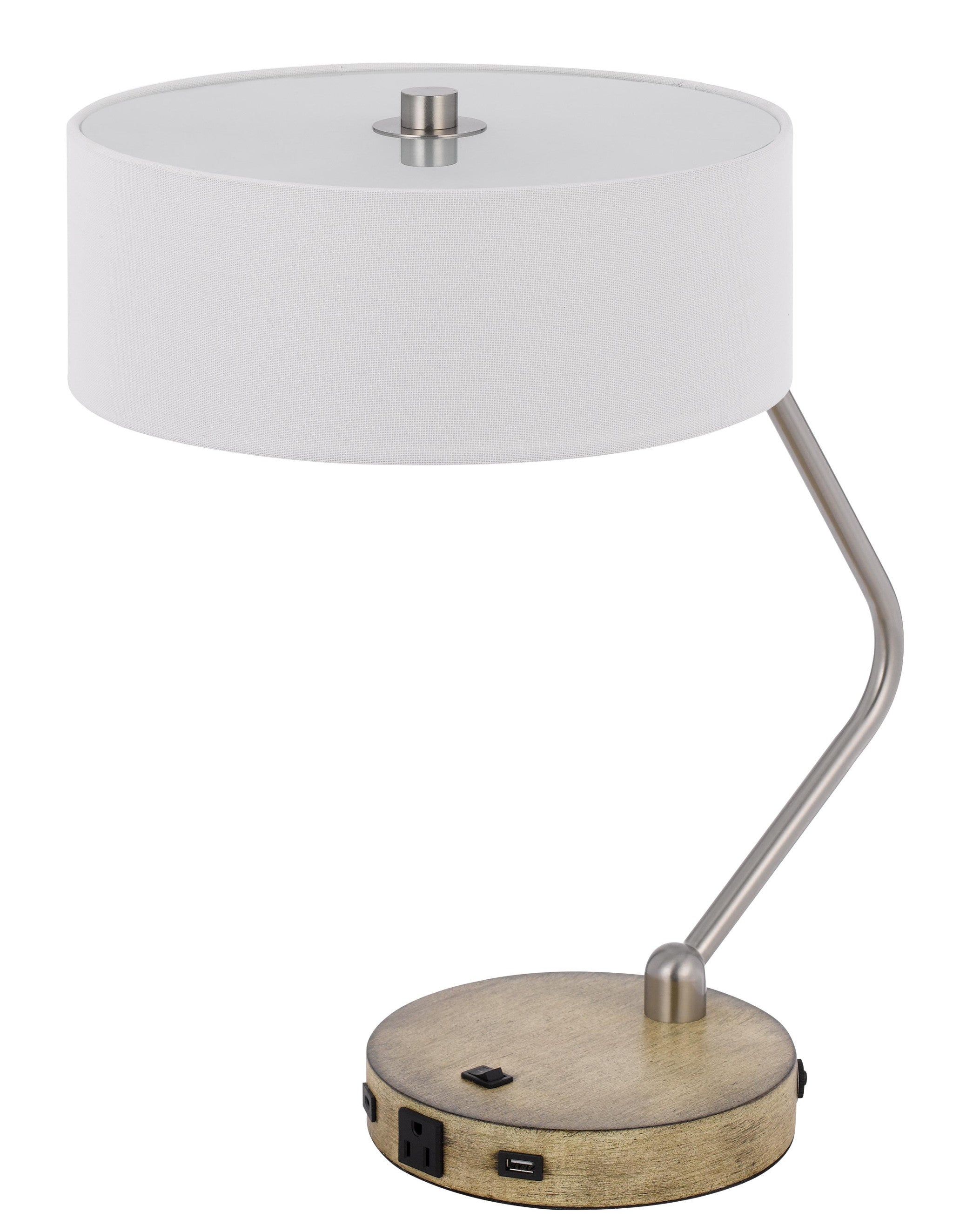 20" Nickel Metal Two Light Desk Usb Table Lamp With White Drum Shade