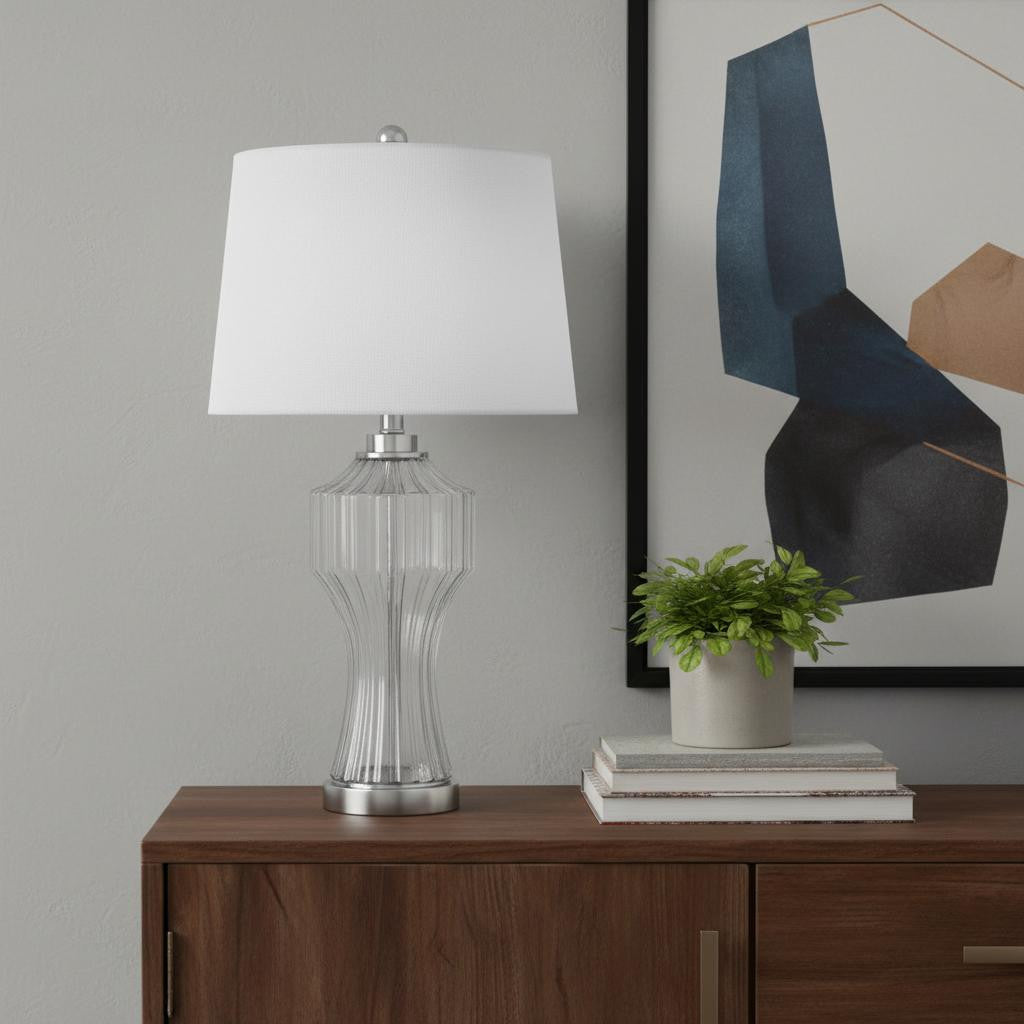 26" Clear Glass Table Lamp With White Empire Shade