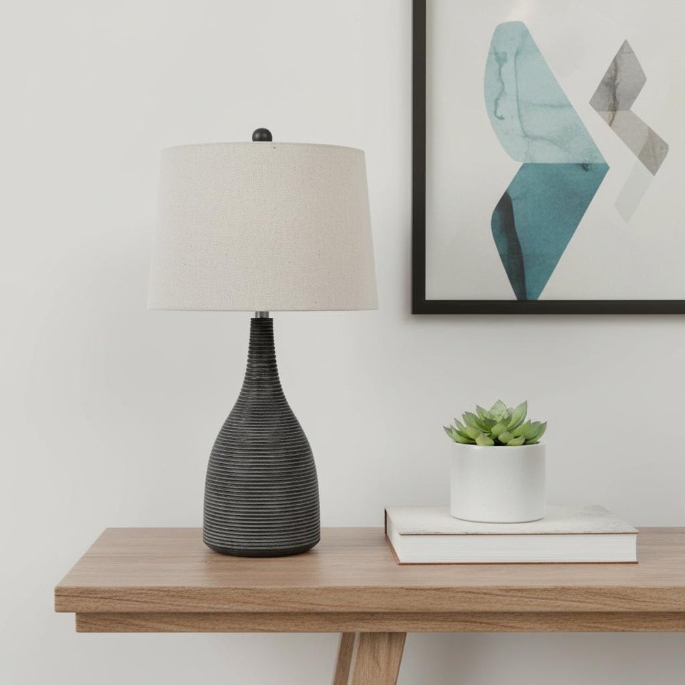 29" Black Ceramic Round Table Lamp With Beige Empire Shade