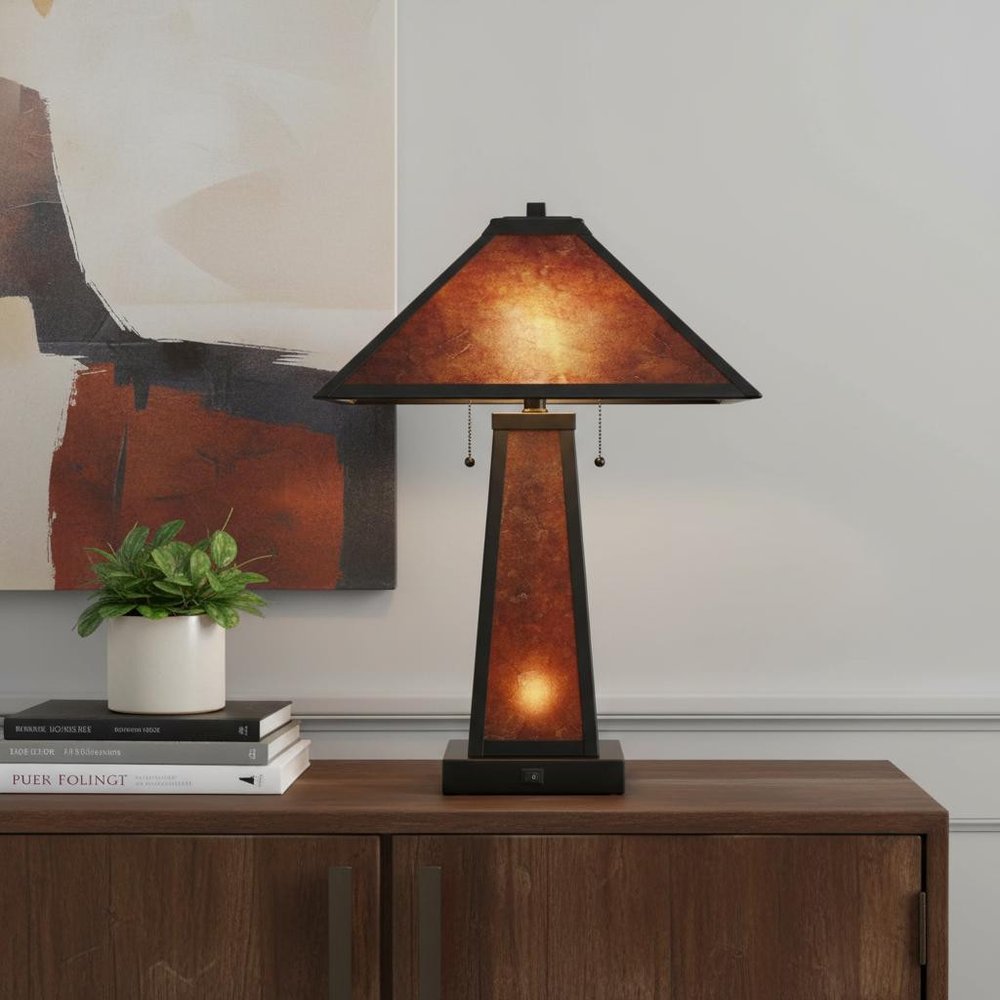 24" Burnt Orange Metal Two Light Table Lamp With Amber Square Shade
