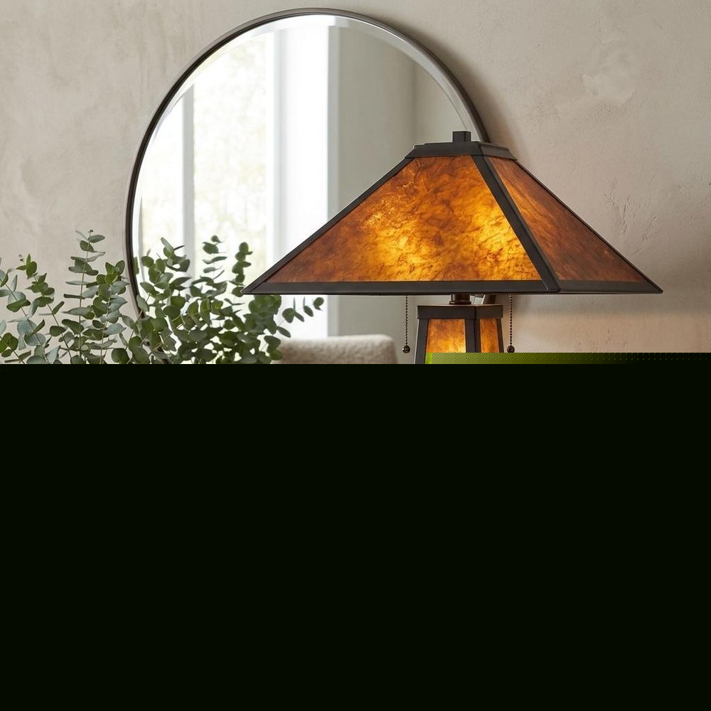 24" Burnt Orange Metal Two Light Table Lamp With Amber Square Shade