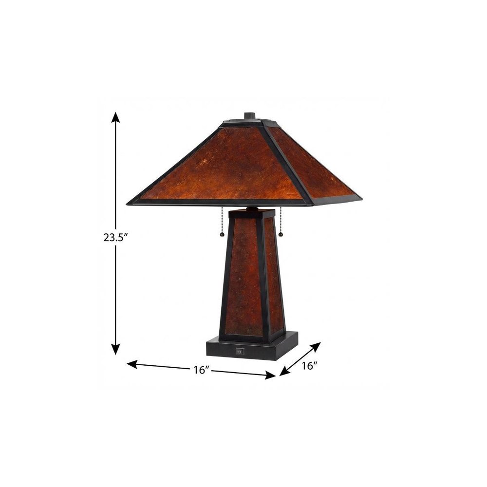 24" Burnt Orange Metal Two Light Table Lamp With Amber Square Shade