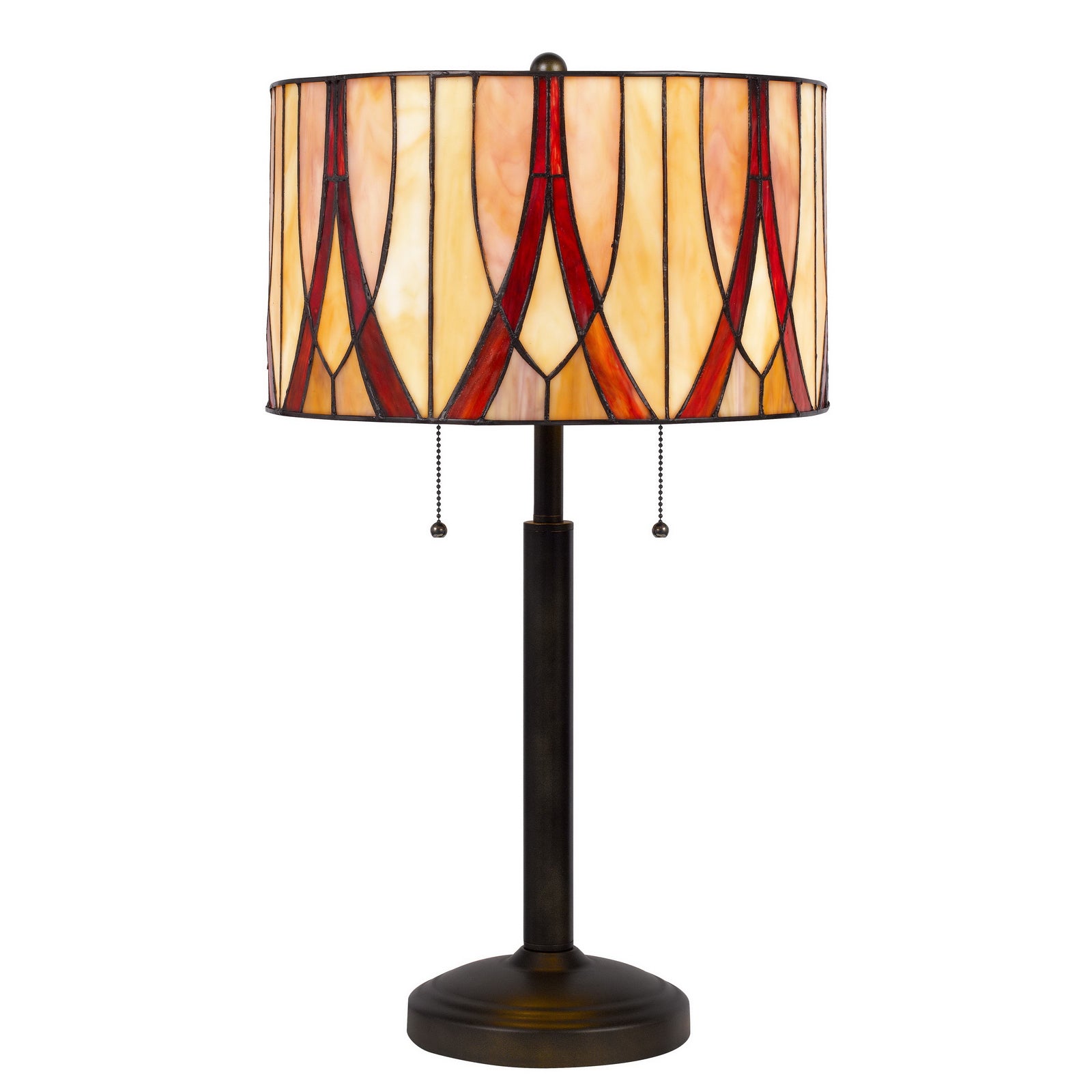 24" Bronze Metal Two Light Table Lamp With Red And Ivory Drum Shade