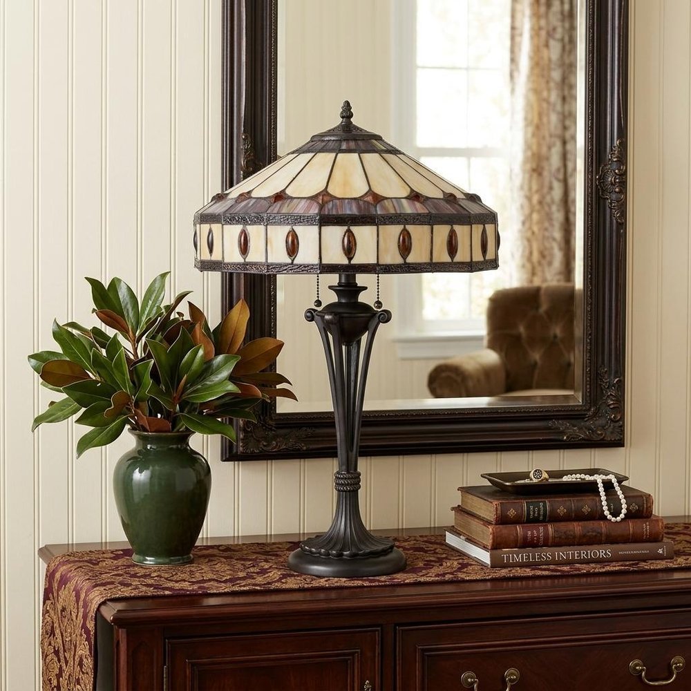26" Black Metal Two Light Candlestick Table Lamp With Ivory and Red Dome Shade