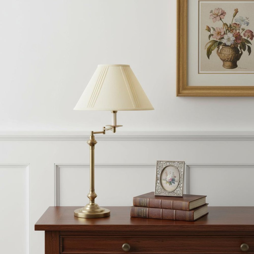 30" Bronze Metal Swing Arm Table Lamp With Off White Empire Shade