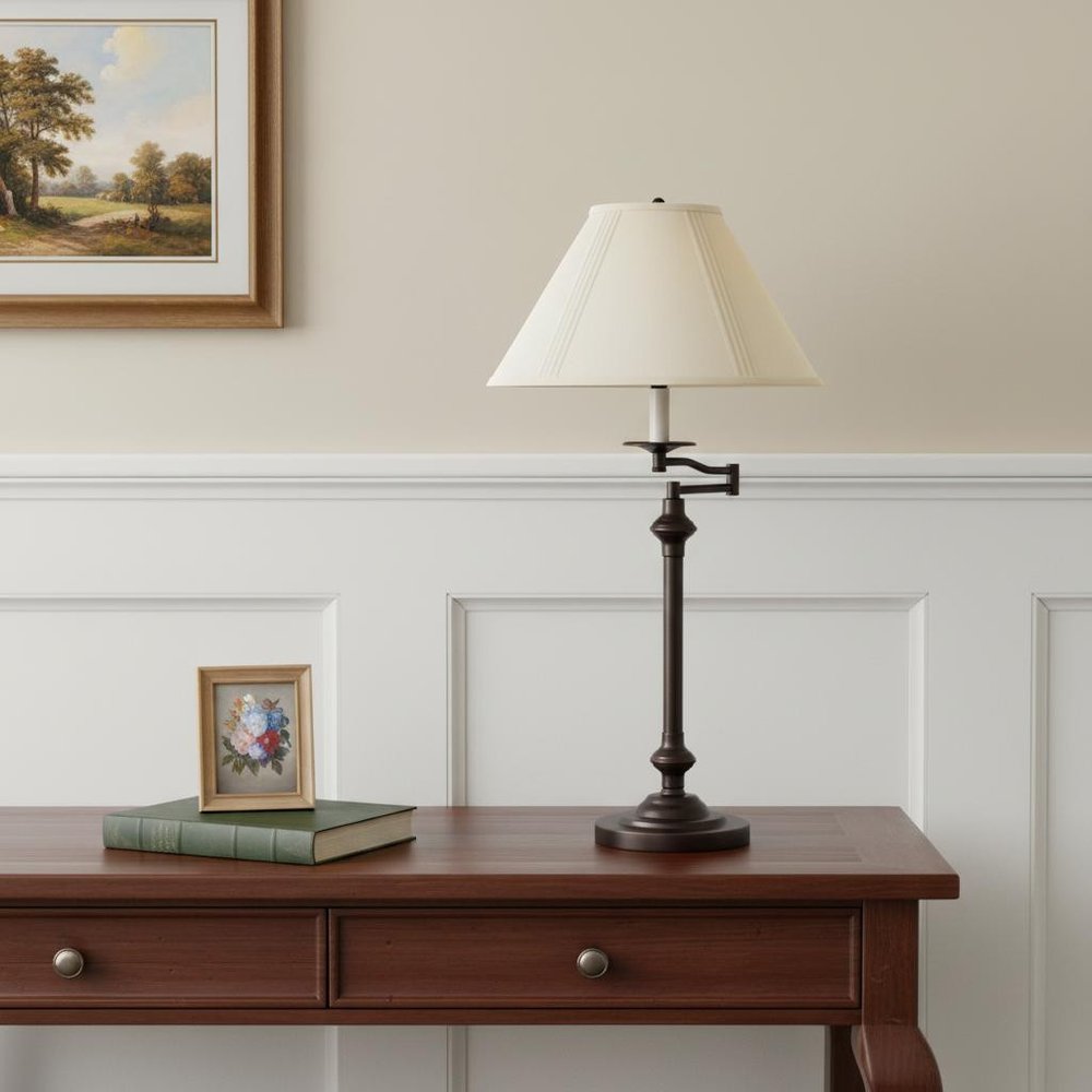 30" Antiqued Bronze Metal Swing Arm Table Lamp With Off White Empire Shade