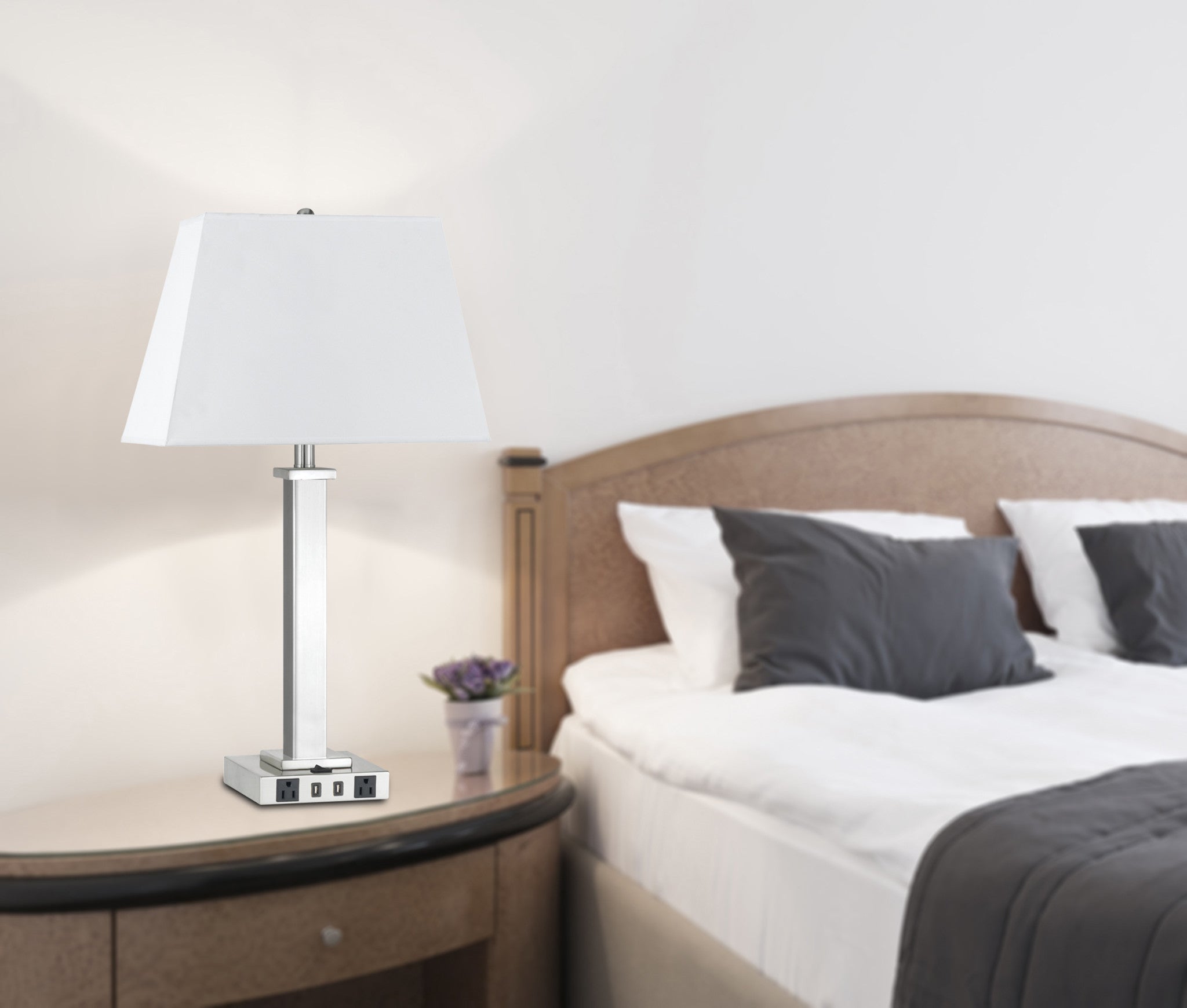 28" Nickel Metal USB Table Lamp With White Shade