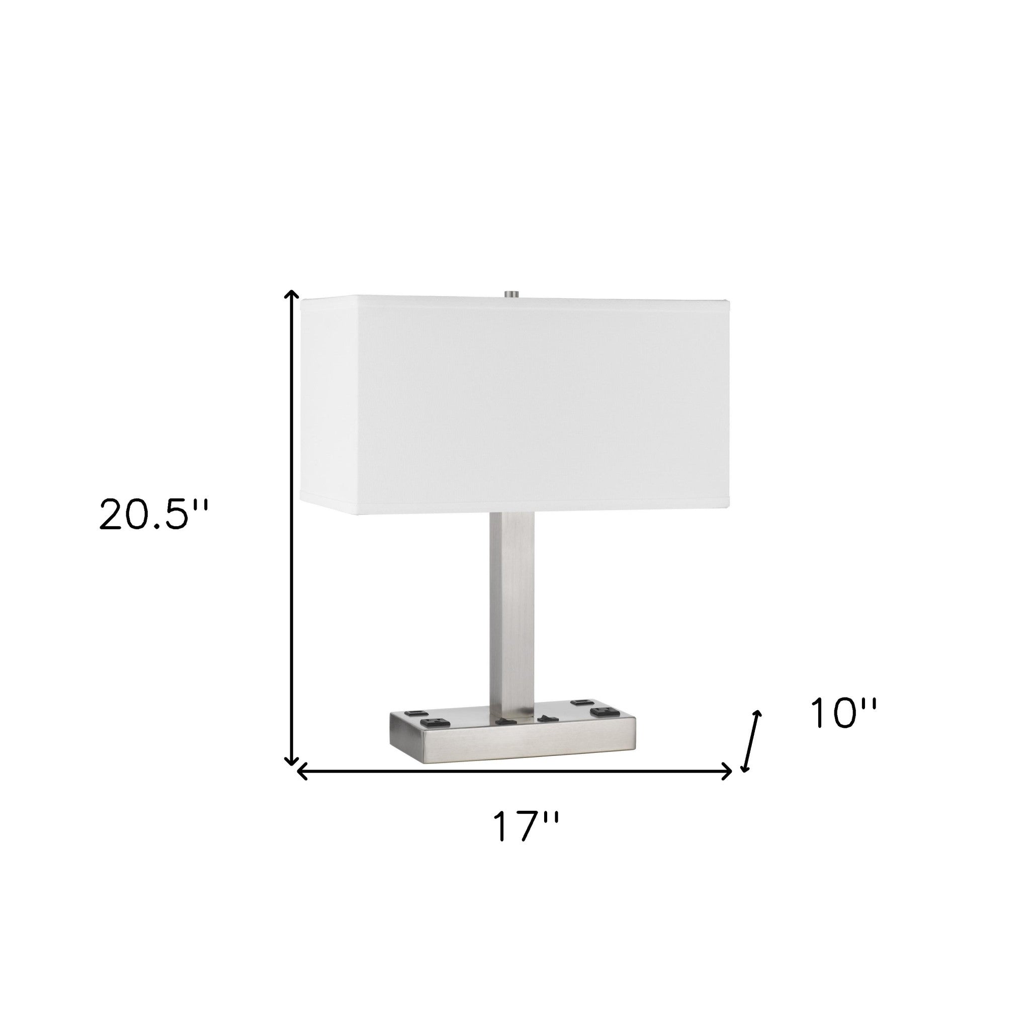 21" Nickel Metal Two Light Desk Usb Table Lamp With White Rectangular Shade