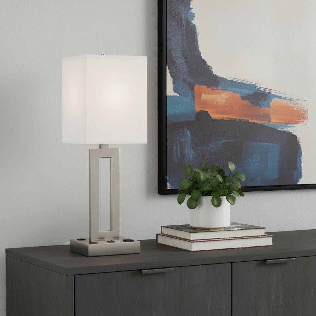 24" Nickel Metal Desk Usb Table Lamp With White Drum Shade