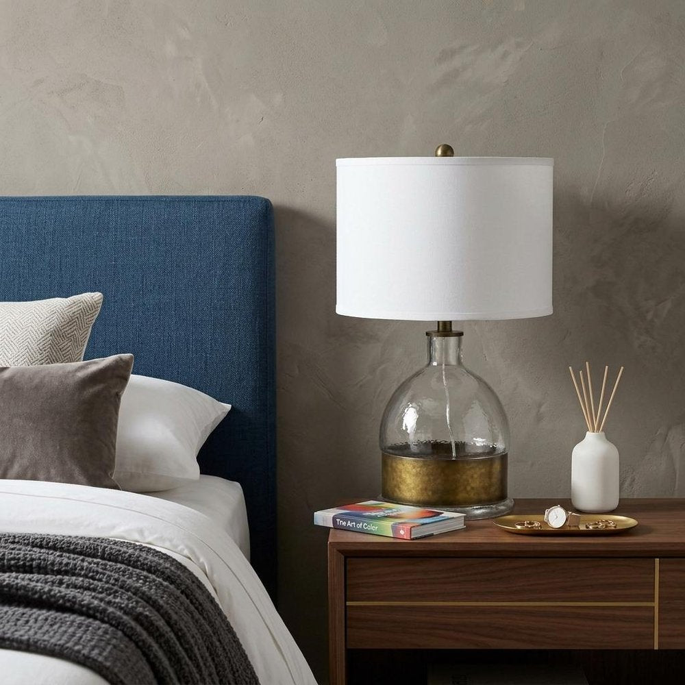 25" Nickel Glass Globe Table Lamp With White Drum Shade
