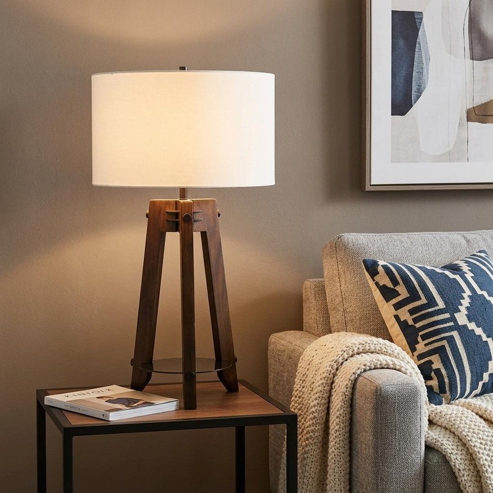 32" Brown Metal Tripod Table Lamp With Off White Drum Shade