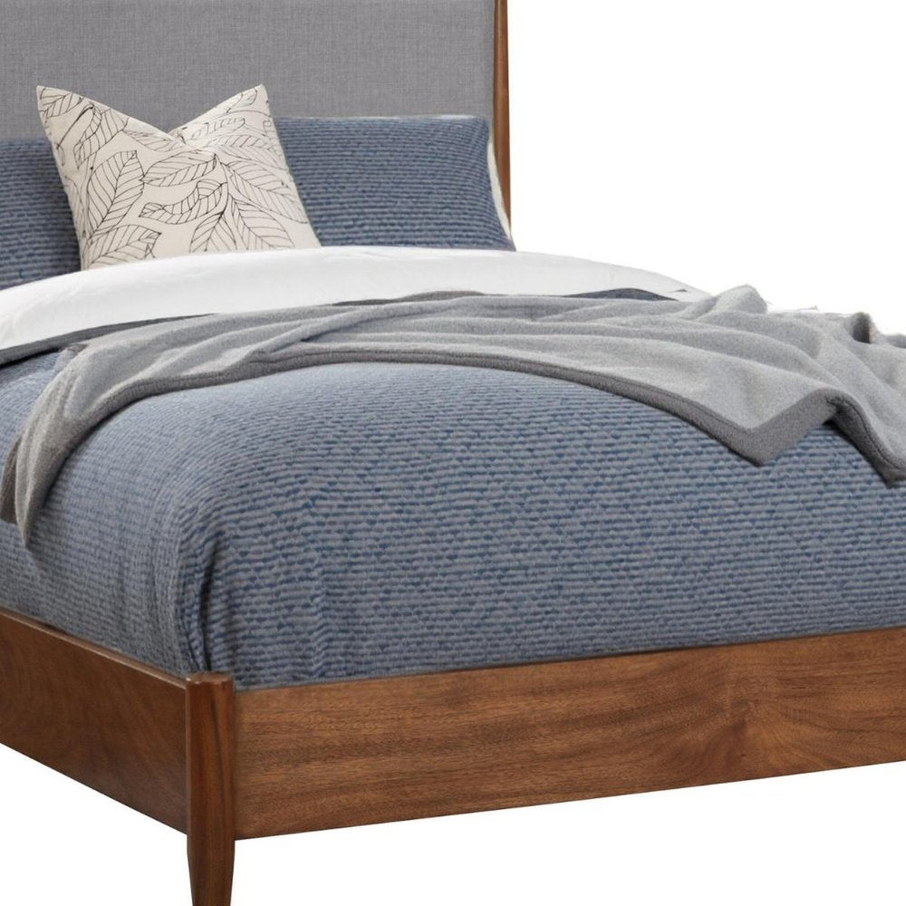Brown and Gray Solid Wood And Linen Queen Bed Frame