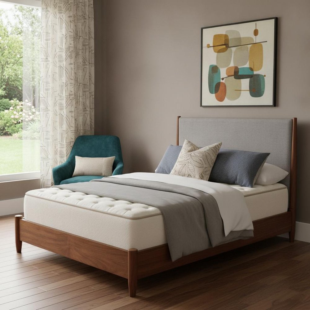 Brown and Gray Solid Wood And Linen Queen Bed Frame