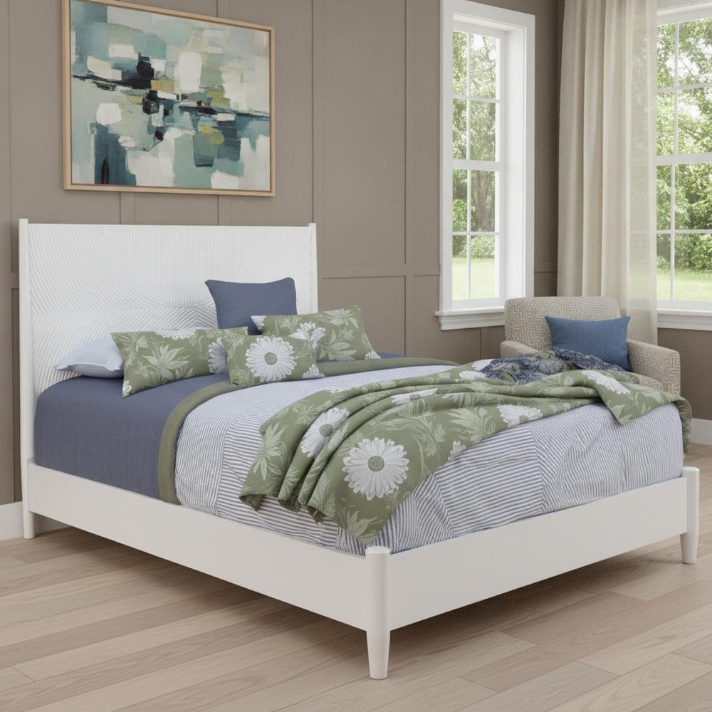 White Carved Geometric Solid Wood Queen Bed Frame
