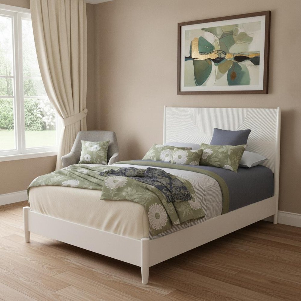 White Carved Geometric Solid Wood California King Bed Frame