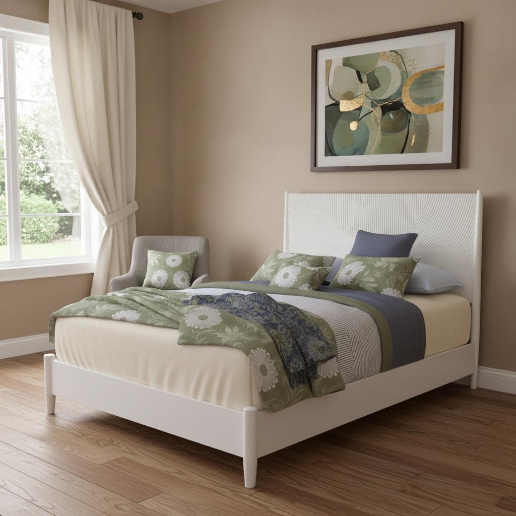 White Carved Geometric Solid Wood King Bed Frame