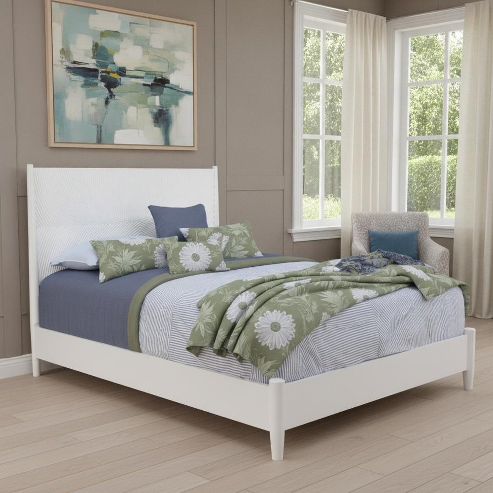 White Carved Geometric Solid Wood Full Bed Frame