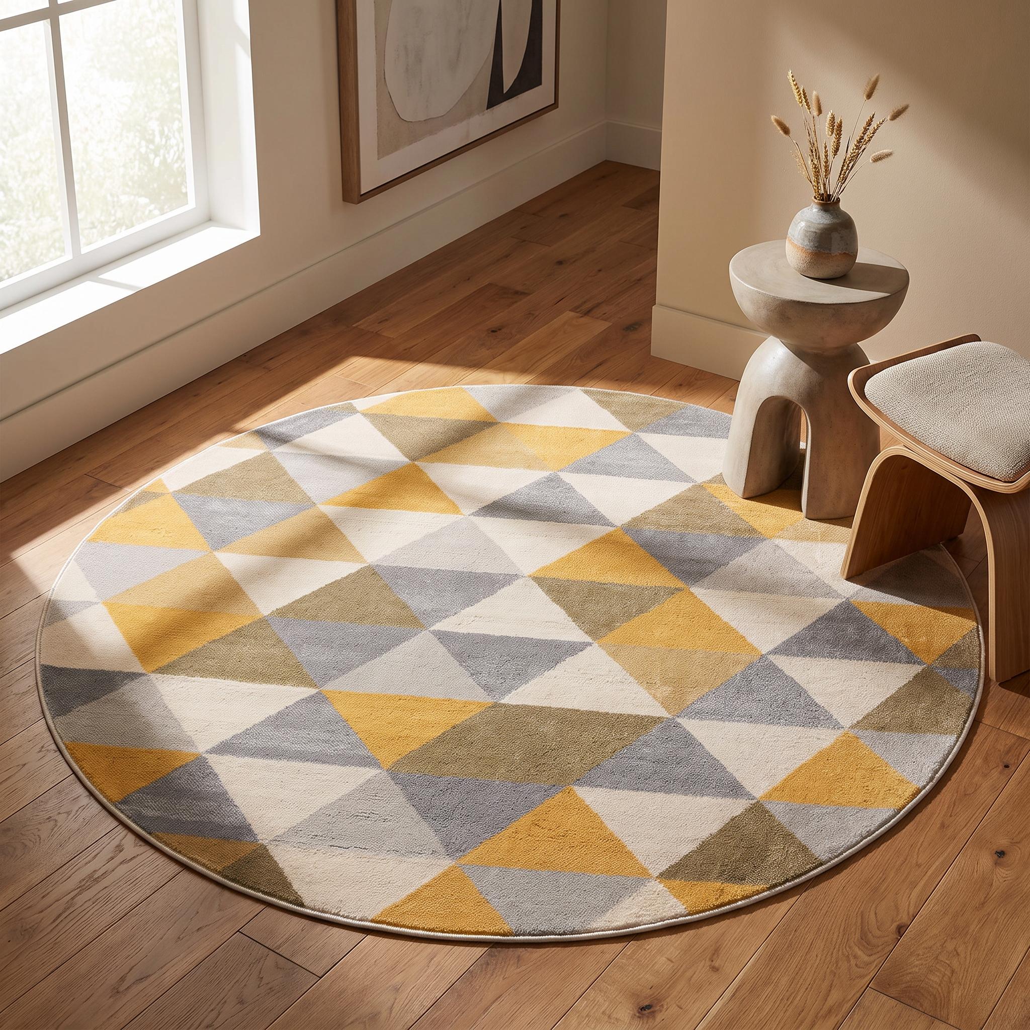 8' Yellow Round Geometric Washable Non Skid Area Rug