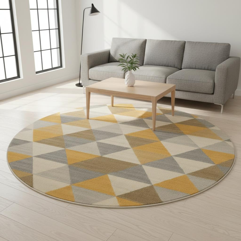 8' Yellow Round Geometric Washable Non Skid Area Rug