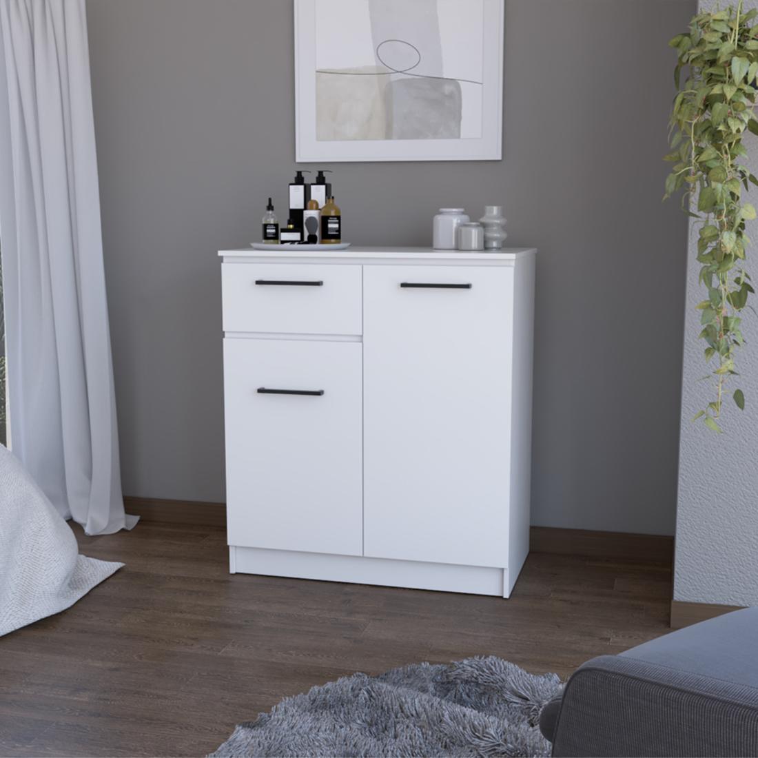 37" White Wood Accent Cabinet With Two Doors And One Drawer