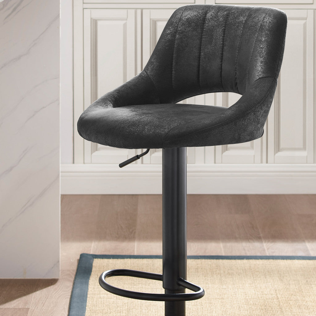 Set of Two 32" Black Faux Leather And Steel Swivel Low Back Adjustable Height Bar Chairs