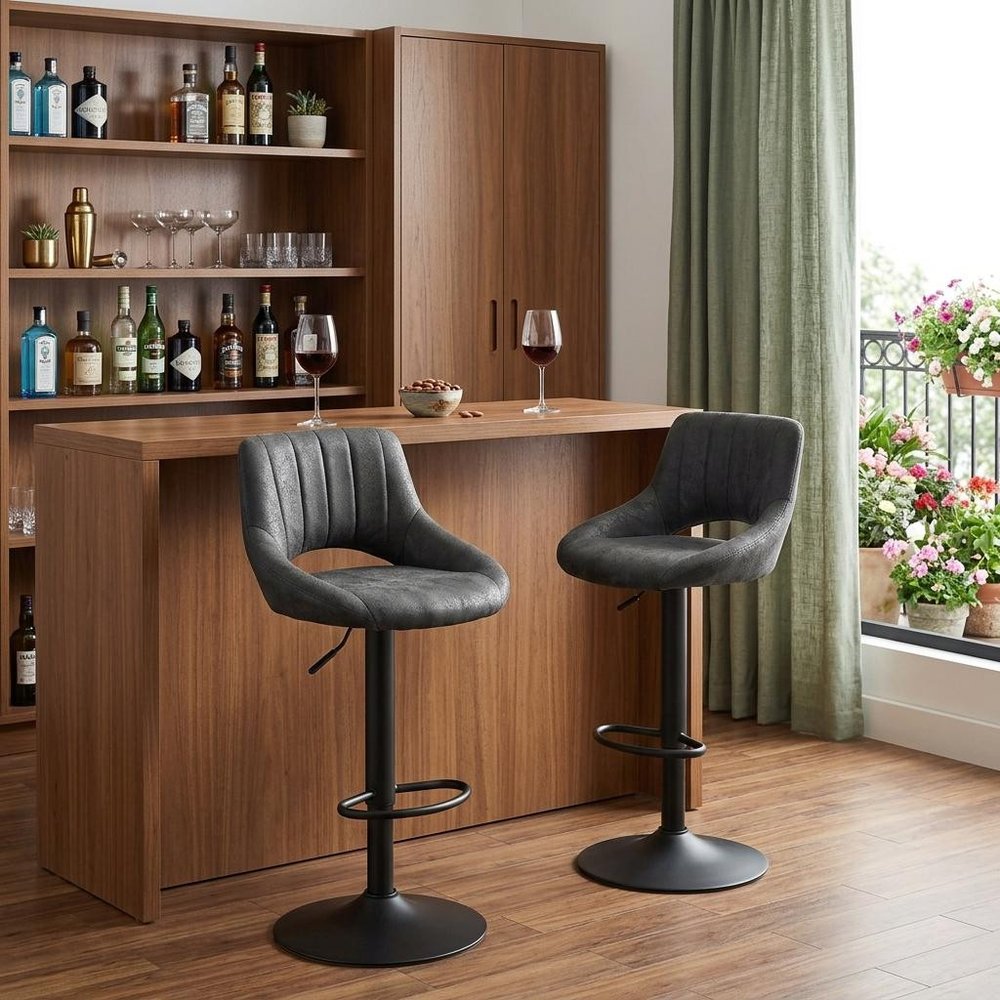 Set of Two 32" Black Faux Leather And Steel Swivel Low Back Adjustable Height Bar Chairs
