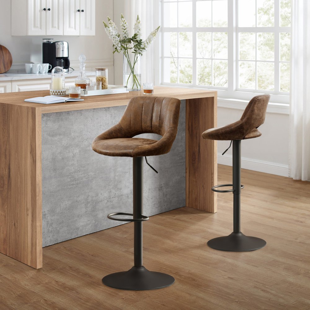 Set of Two Brown and Black Faux Leather and Steel Low Back Adjustable Height Swivel Bar Chairs