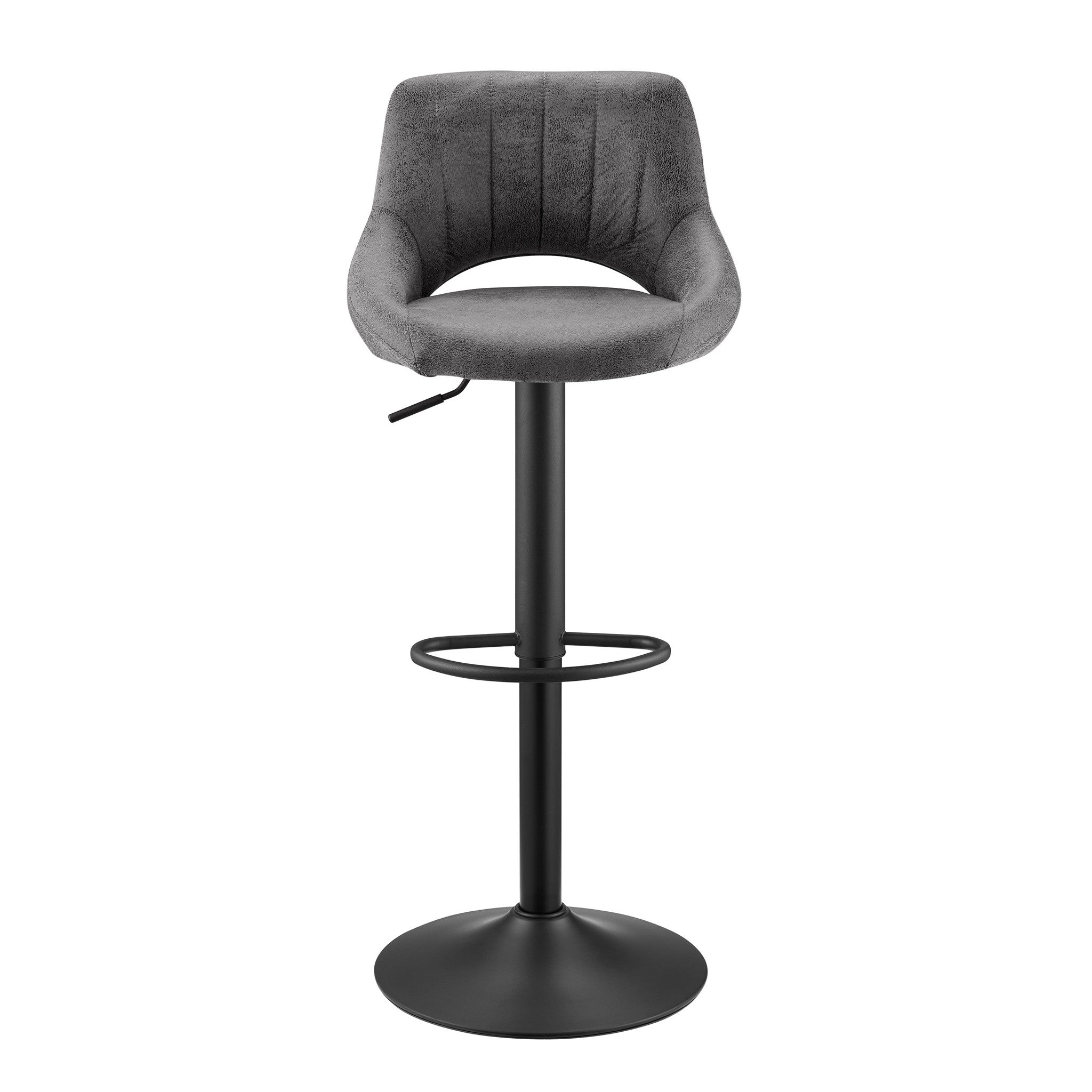 Set of Two 32" Gray And Black Faux Leather And Steel Swivel Low Back Adjustable Height Bar Chairs
