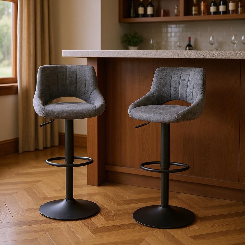 Set of Two 32" Gray And Black Faux Leather And Steel Swivel Low Back Adjustable Height Bar Chairs