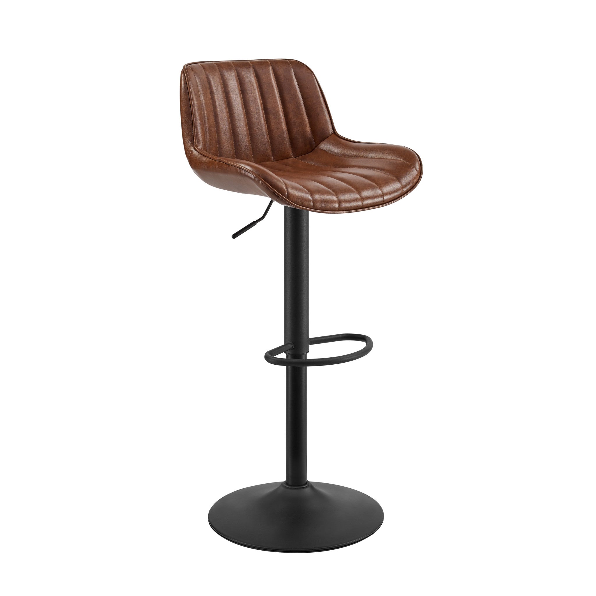 Set of Two 31" Brown And Black Faux Leather And Steel Swivel Low Back Adjustable Height Bar Chairs