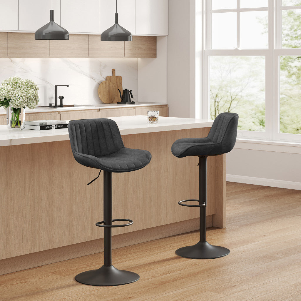 Set of Two 31" Black Faux Leather And Steel Swivel Low Back Adjustable Height Bar Chairs