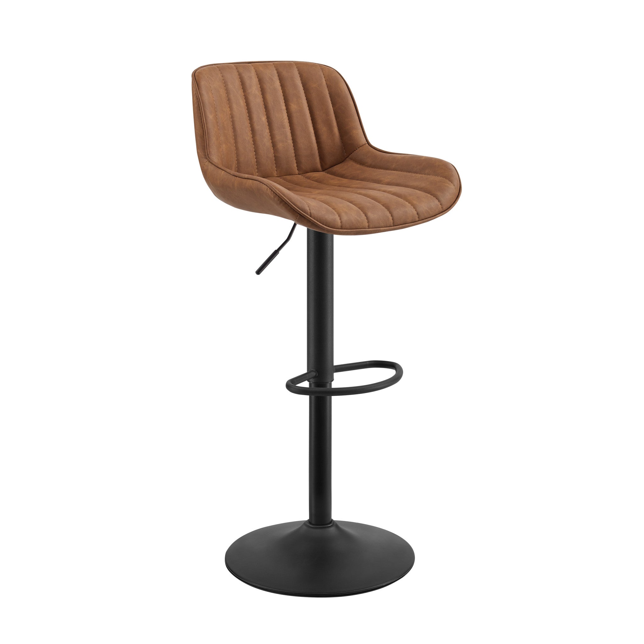 Set of Two 31" Brown And Black Faux Leather And Steel Swivel Low Back Adjustable Height Bar Chairs