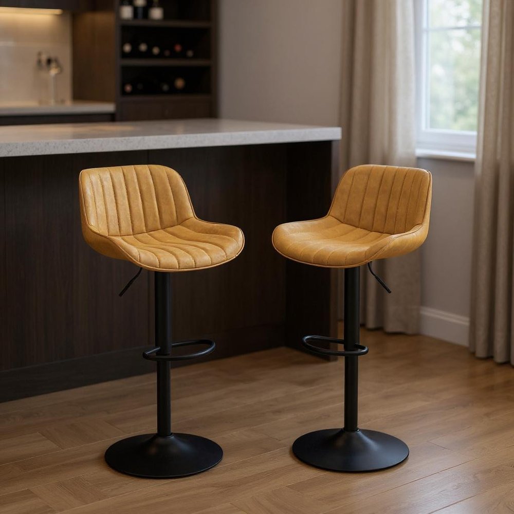 Set of Two 31" Yellow And Black Faux Leather And Steel Swivel Low Back Adjustable Height Bar Chairs