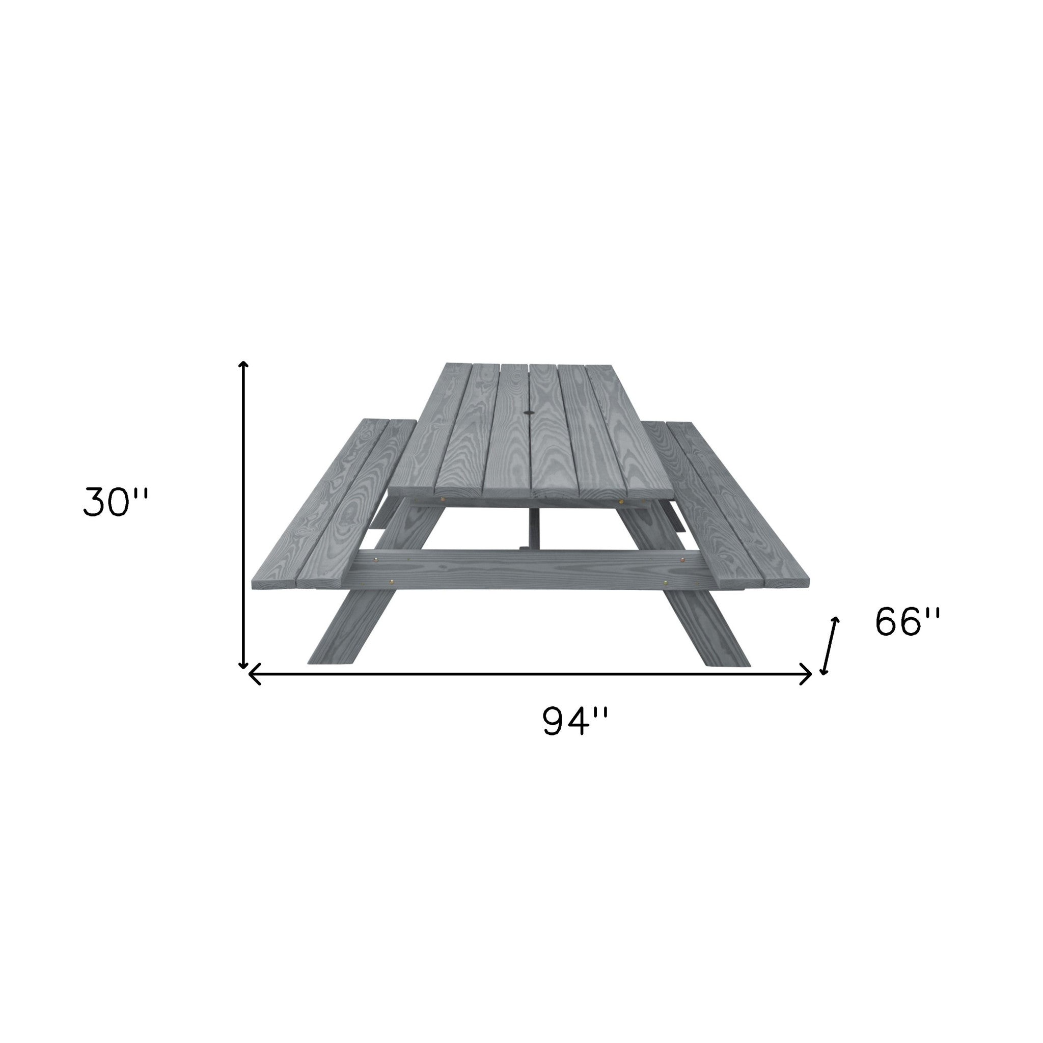 94" Gray Solid Wood Outdoor Picnic Table with Umbrella Hole