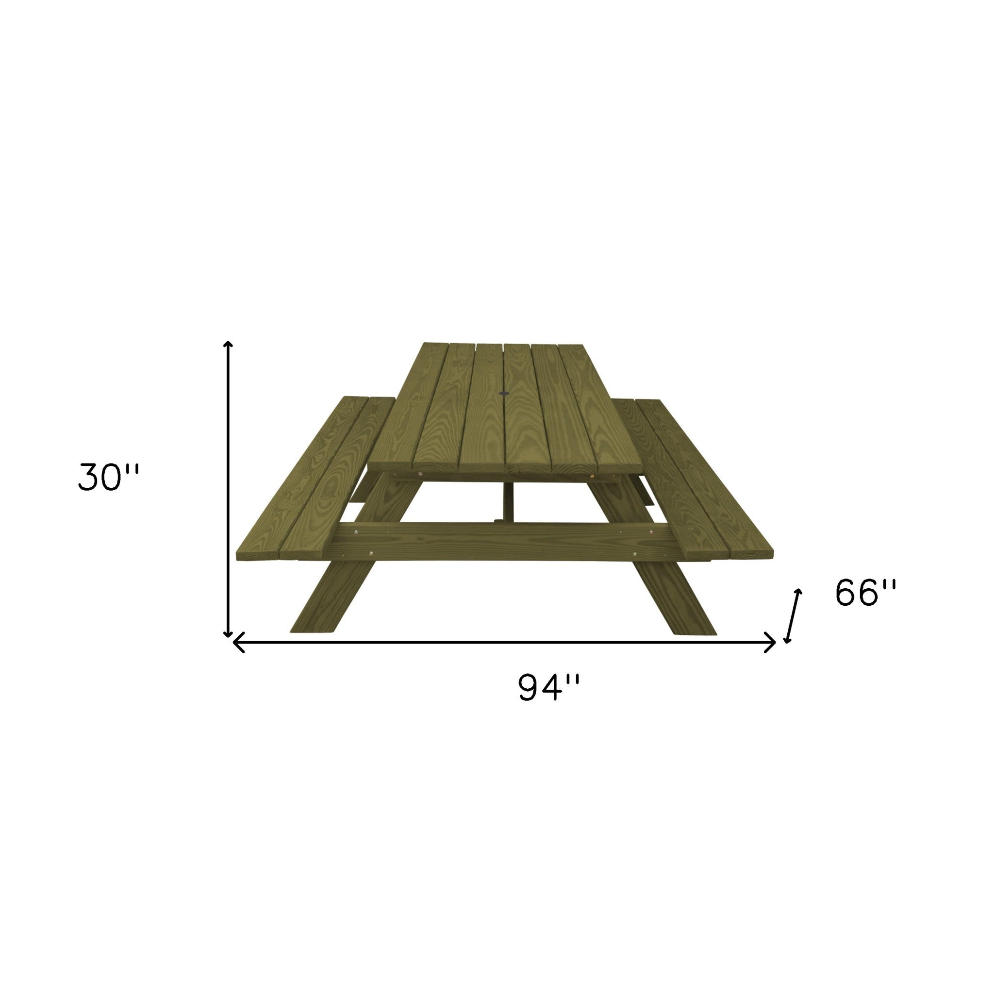 94" Green Solid Wood Outdoor Picnic Table with Umbrella Hole